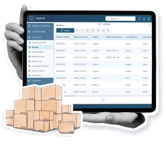 Tablet with a view of the SilkPLM logistics table.